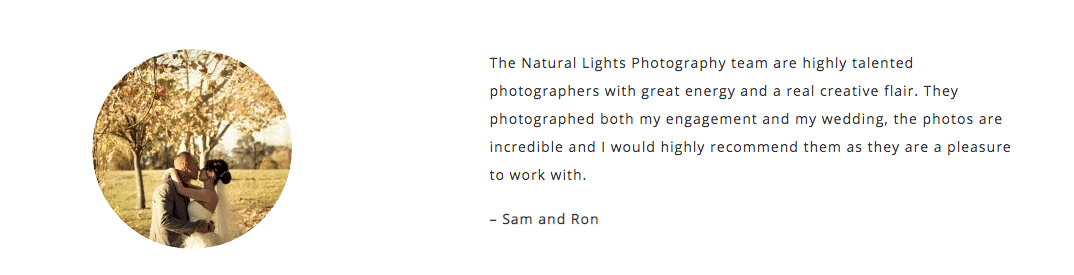 Positive testimonial from Sam and Ron about our wedding photography services