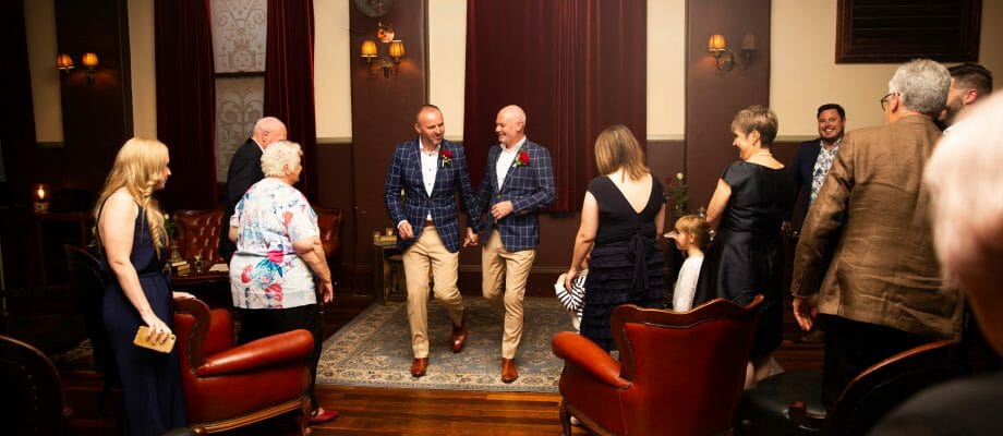 Andrew Barr's walking down the aisle newly married at Longworth House, newcastle NSW